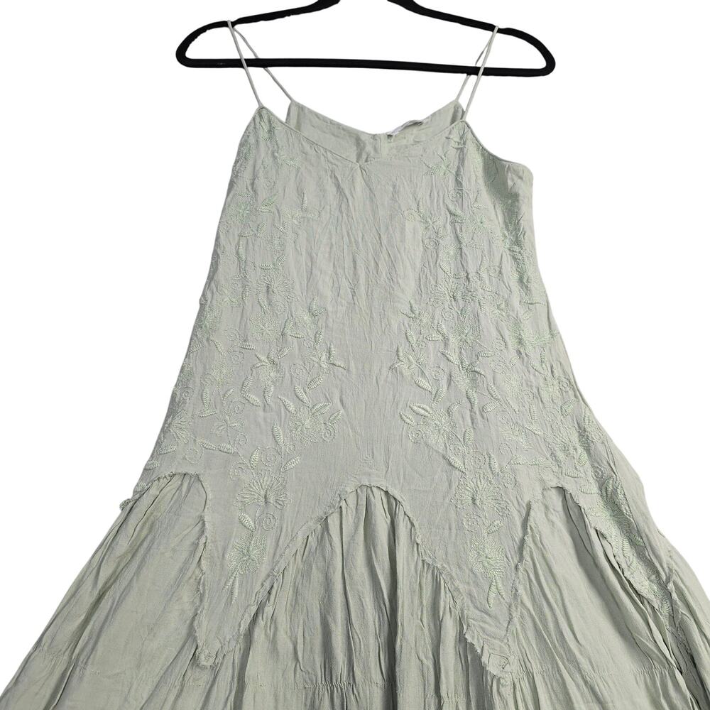 MNG Sage Green Embroidered Maxi Dress Boho Cottagecore Drop Waist Slip Dress M